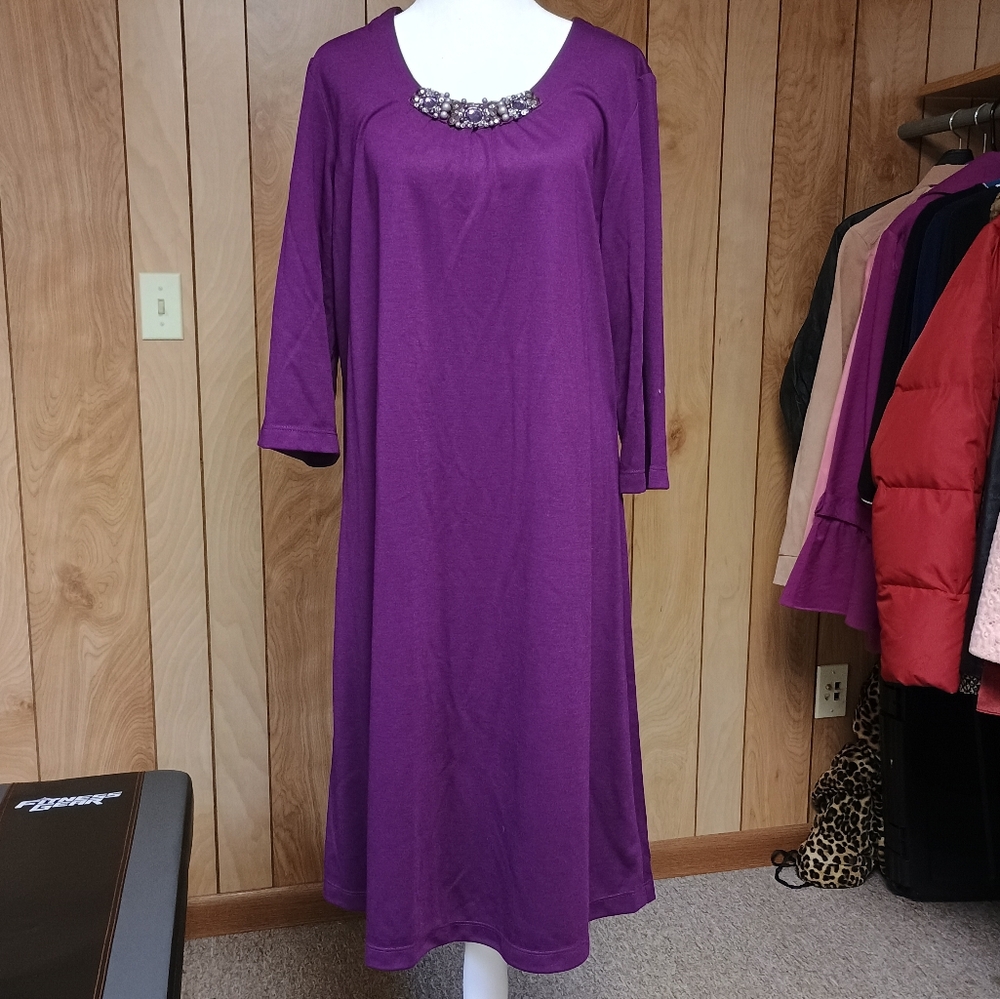 Purple Long Sleeve Dress with Embellished Neckline